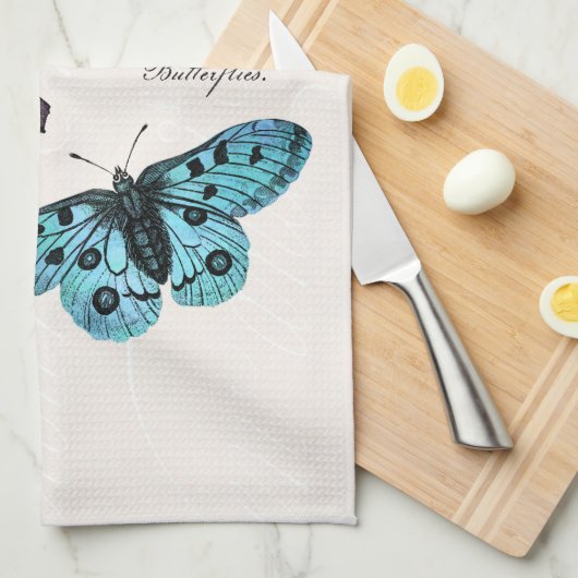 ヴィンテージのティール(緑がかった色)の青い紫色のピンクの蝶スケッチ キッチンタオル (四つ折り)