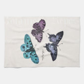 ヴィンテージのティール(緑がかった色)の青い紫色のピンクの蝶スケッチ キッチンタオル (横)