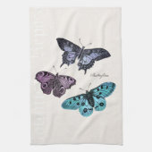ヴィンテージのティール（緑がかった色）の青い紫色のピンクの蝶スケッチ キッチンタオル (縦)