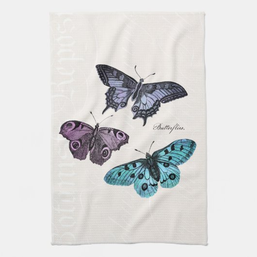 ヴィンテージのティール(緑がかった色)の青い紫色のピンクの蝶スケッチ キッチンタオル (縦)