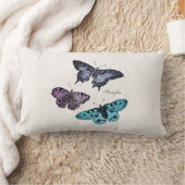 ヴィンテージのティール(緑がかった色)の青い紫色のピンクの蝶スケッチ ランバークッション (ブランケット)