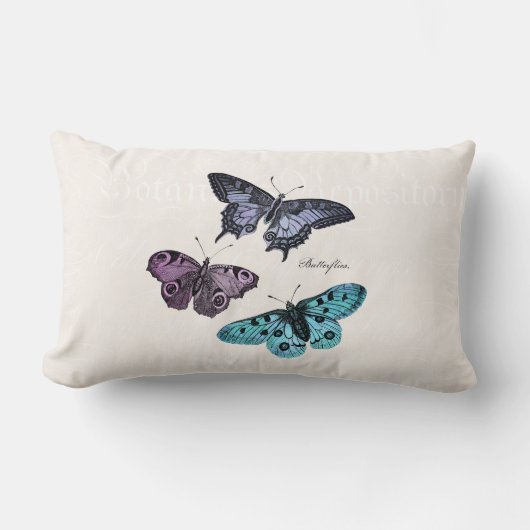 ヴィンテージのティール(緑がかった色)の青い紫色のピンクの蝶スケッチ ランバークッション (正面)