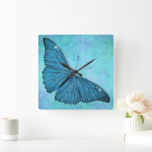 ヴィンテージのティール（緑がかった色）の青い蝶19世紀のイラストレーション スクエア壁時計 (ホーム)