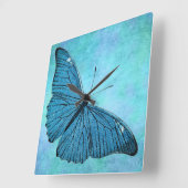 ヴィンテージのティール（緑がかった色）の青い蝶19世紀のイラストレーション スクエア壁時計 (傾斜)