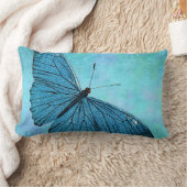 ヴィンテージのティール（緑がかった色）の青い蝶19世紀のイラストレーション ランバークッション (ブランケット)