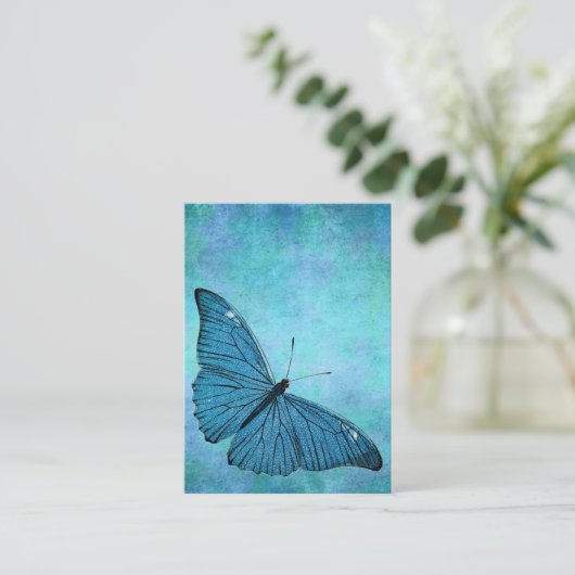ヴィンテージのティール(緑がかった色)の青い蝶19世紀のイラストレーション 名刺 (スタンド正面)