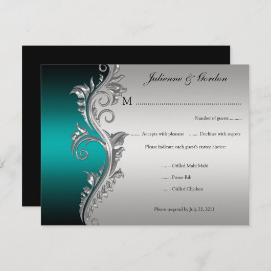 ヴィンテージのティール（緑がかった色）の黒く、銀製の花柄RSVP 出欠カード (正面/裏面)