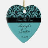 ヴィンテージのティール（緑がかった色）の黒のダマスク織の保存日付のオーナメント セラミックオーナメント (右)