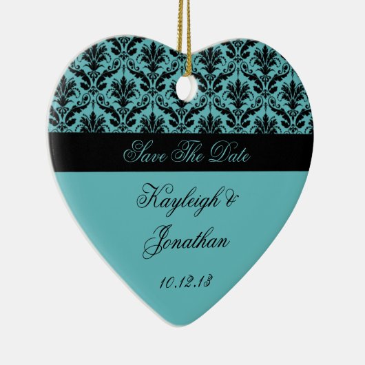 ヴィンテージのティール（緑がかった色）の黒のダマスク織の保存日付のオーナメント セラミックオーナメント (右)