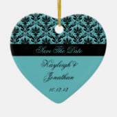 ヴィンテージのティール（緑がかった色）の黒のダマスク織の保存日付のオーナメント セラミックオーナメント (正面)