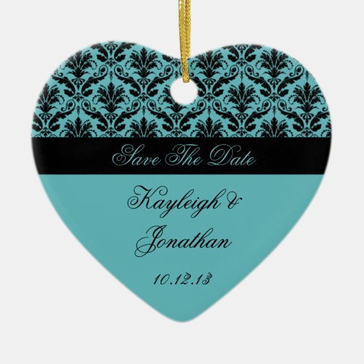 ヴィンテージのティール（緑がかった色）の黒のダマスク織の保存日付のオーナメント セラミックオーナメント (正面)