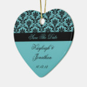 ヴィンテージのティール（緑がかった色）の黒のダマスク織の保存日付のオーナメント セラミックオーナメント (左)