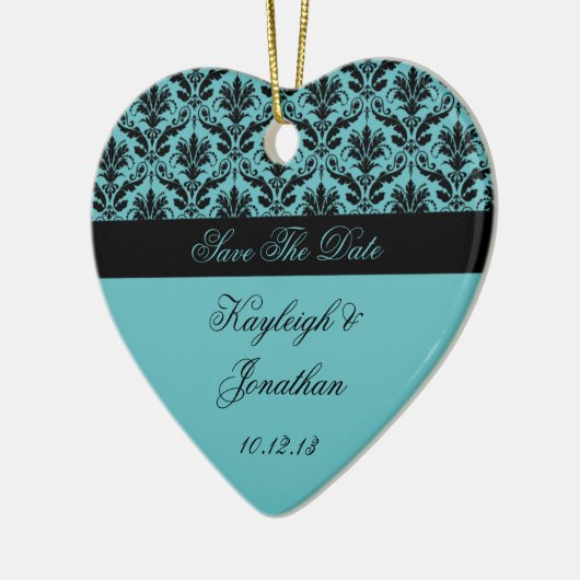 ヴィンテージのティール（緑がかった色）の黒のダマスク織の保存日付のオーナメント セラミックオーナメント (左)