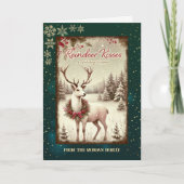 ヴィンテージのトナカイと冬の森の緑のホリデーカード シーズンカード (正面)
