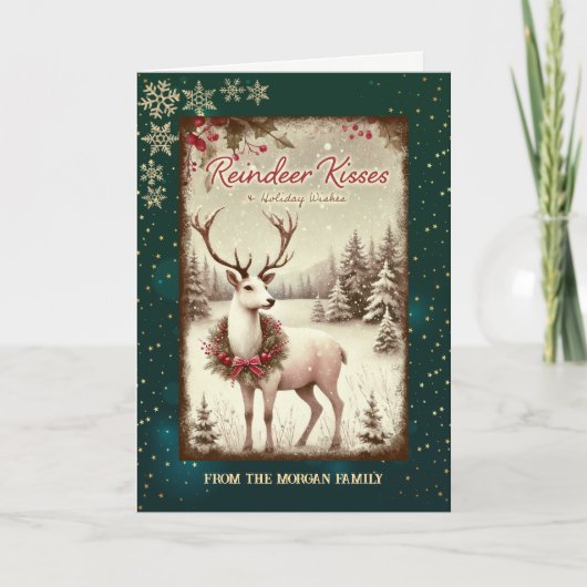 ヴィンテージのトナカイと冬の森の緑のホリデーカード シーズンカード (正面)