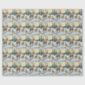 ヴィンテージのトナカイ家族の冬の草原の絵 ラッピングペーパー (フラット)