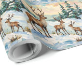 ヴィンテージのトナカイ家族の冬の草原の絵 ラッピングペーパー (ロールコーナー)
