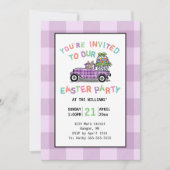 ヴィンテージのトラックの紫色のギンガムのイースターパーティー 招待状 (正面)