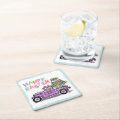 ヴィンテージのトラックの紫色のギンガムのハッピーイースターのバニー スクエアペーパーコースター (インサイチュ)