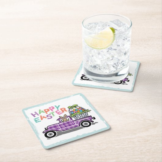 ヴィンテージのトラックの紫色のギンガムのハッピーイースターのバニー スクエアペーパーコースター (インサイチュ)