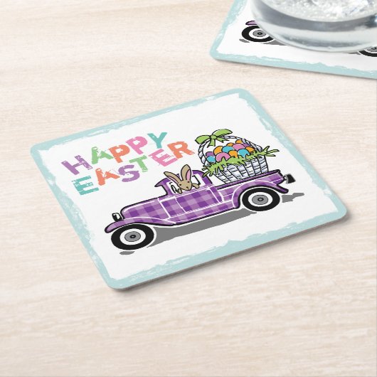 ヴィンテージのトラックの紫色のギンガムのハッピーイースターのバニー スクエアペーパーコースター (アングル)