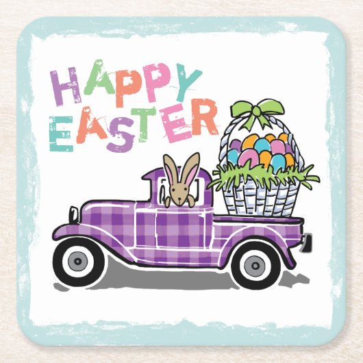 ヴィンテージのトラックの紫色のギンガムのハッピーイースターのバニー スクエアペーパーコースター (正面)