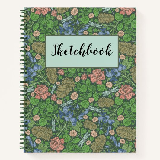 ヴィンテージのトンボが飛ぶイングリッシュガーデンのスケッチブック ノートブック (正面)