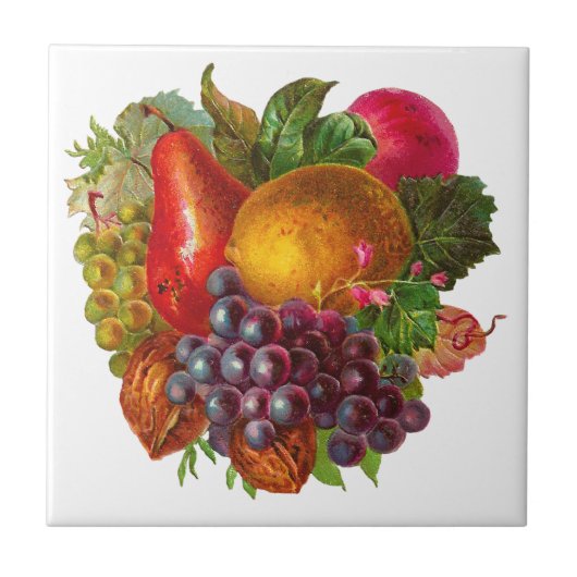 ヴィンテージのナシ、ブドウ、レモン、Appleおよびクルミ タイル (正面)