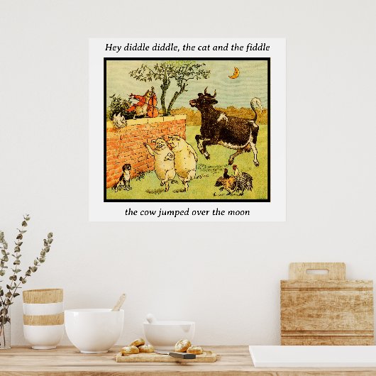 ヴィンテージのナーサリーライムアート 猫とフィドル ポスター (キッチン)