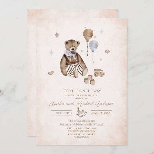 ヴィンテージのナーサリー テディベア 水彩 赤ちゃんの歓迎会 招待状 (正面/裏面)