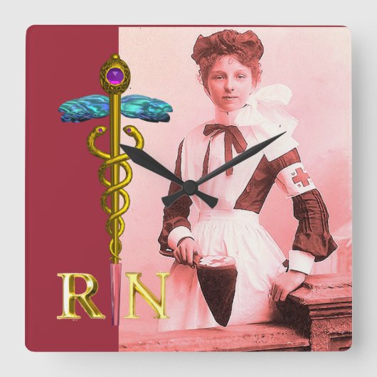 ヴィンテージのナースおよび金ゴールドのケリュケイオンNRの紋章 スクエア壁時計 (正面)