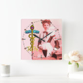 ヴィンテージのナースおよび金ゴールドのケリュケイオンNRの紋章 スクエア壁時計 (ホーム)