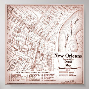 ヴィンテージのニュー・オーリンズの都心の1920地図 ポスター