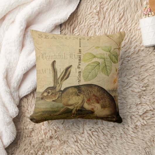 ヴィンテージのノウサギの動物のイラストレーションの花柄のコラージュ クッション (ブランケット)
