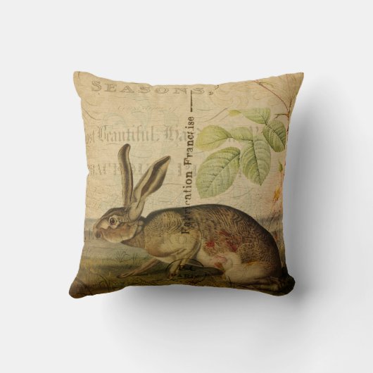 ヴィンテージのノウサギの動物のイラストレーションの花柄のコラージュ クッション (裏面)