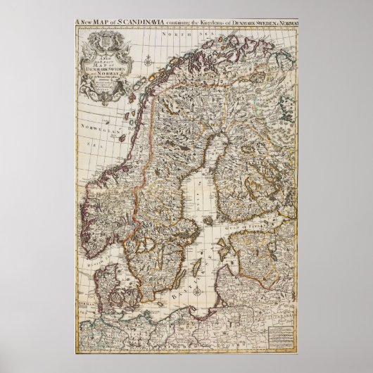 ヴィンテージのノルウェーとスウェーデンの地図(1717) ポスター (正面)