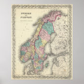 ヴィンテージのノルウェーとスウェーデンの地図（1856年） ポスター (正面)