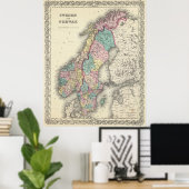 ヴィンテージのノルウェーとスウェーデンの地図(1856年) ポスター (ホームオフィス)