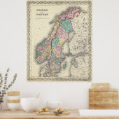 ヴィンテージのノルウェーとスウェーデンの地図(1856年) ポスター (キッチン)