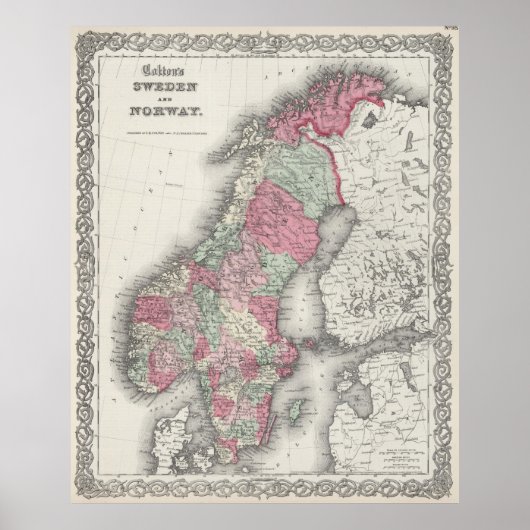 ヴィンテージのノルウェーとスウェーデンの地図（1865年） ポスター (正面)