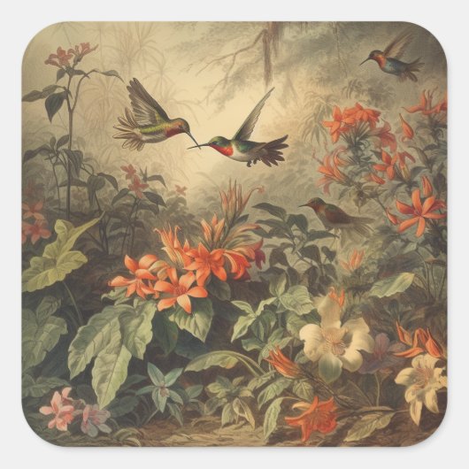 ヴィンテージのハチドリと花の植物界 スクエアシール (正面)