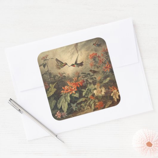 ヴィンテージのハチドリと花の植物界 スクエアシール (封筒)