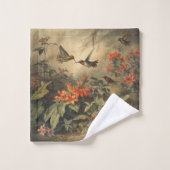 ヴィンテージのハチドリと花の植物界 バスタオルセット (ウォッシュタオル)