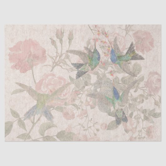 ヴィンテージのハチドリの鳥のばら色の花のティッシュペーパー 薄葉紙 (正面)