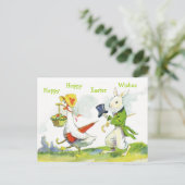 ヴィンテージのハッピーイースターによって郵便はがき服を着せられるウサギ、アヒル シーズンポストカード (スタンド正面)
