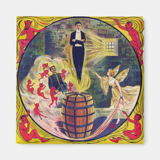 ヴィンテージのハリーHoudiniの刑務所の独房及びバレルのミステリー マグネット (正面)