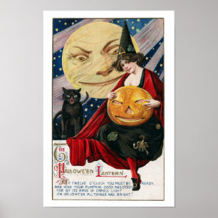 ヴィンテージのハロウィンのかわいらしい魔法使いおよびジャックO'Lantern ポスター
