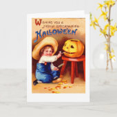 ヴィンテージのハロウィンのレトロの男の子Carvier カード (黄色い花)