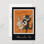 ヴィンテージのハロウィンの招待状-おもしろいな黒猫 招待状 (正面/裏面)