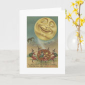 ヴィンテージのハロウィンの挨拶状 -- 笑う月! カード (黄色い花)